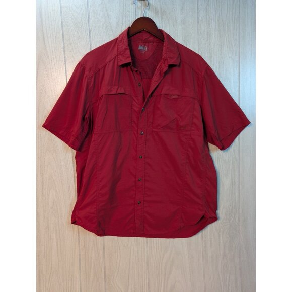 REI Men’s Rust Red Cotton Short Sleeve Camp Shirt Size Large Breathable - Picture 1 of 6